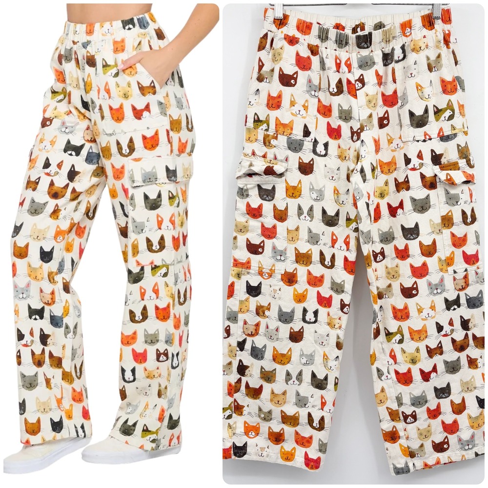 SM Wardrobe Womens Cat Face Print Cargo Pants Whimsical Kawaii Cotton Size XL